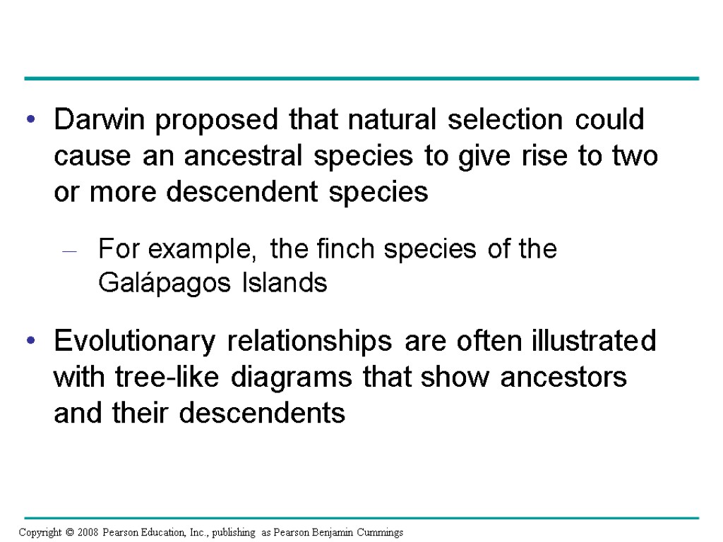 Darwin proposed that natural selection could cause an ancestral species to give rise to